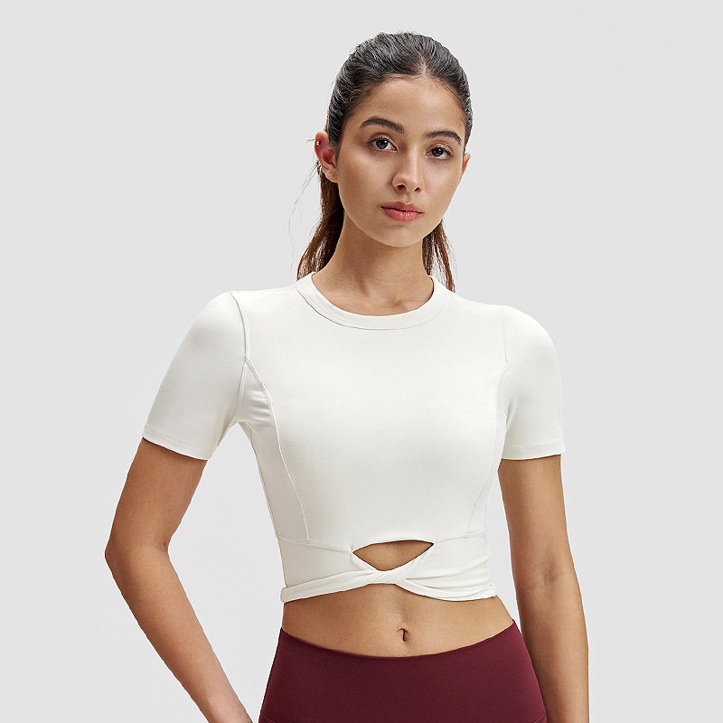 Camiseta de yoga delgada para mujer lulu dobladillo corto torcedura de manga corta sudadera de alto elástico con cordón umbilical top de ropa de fitness