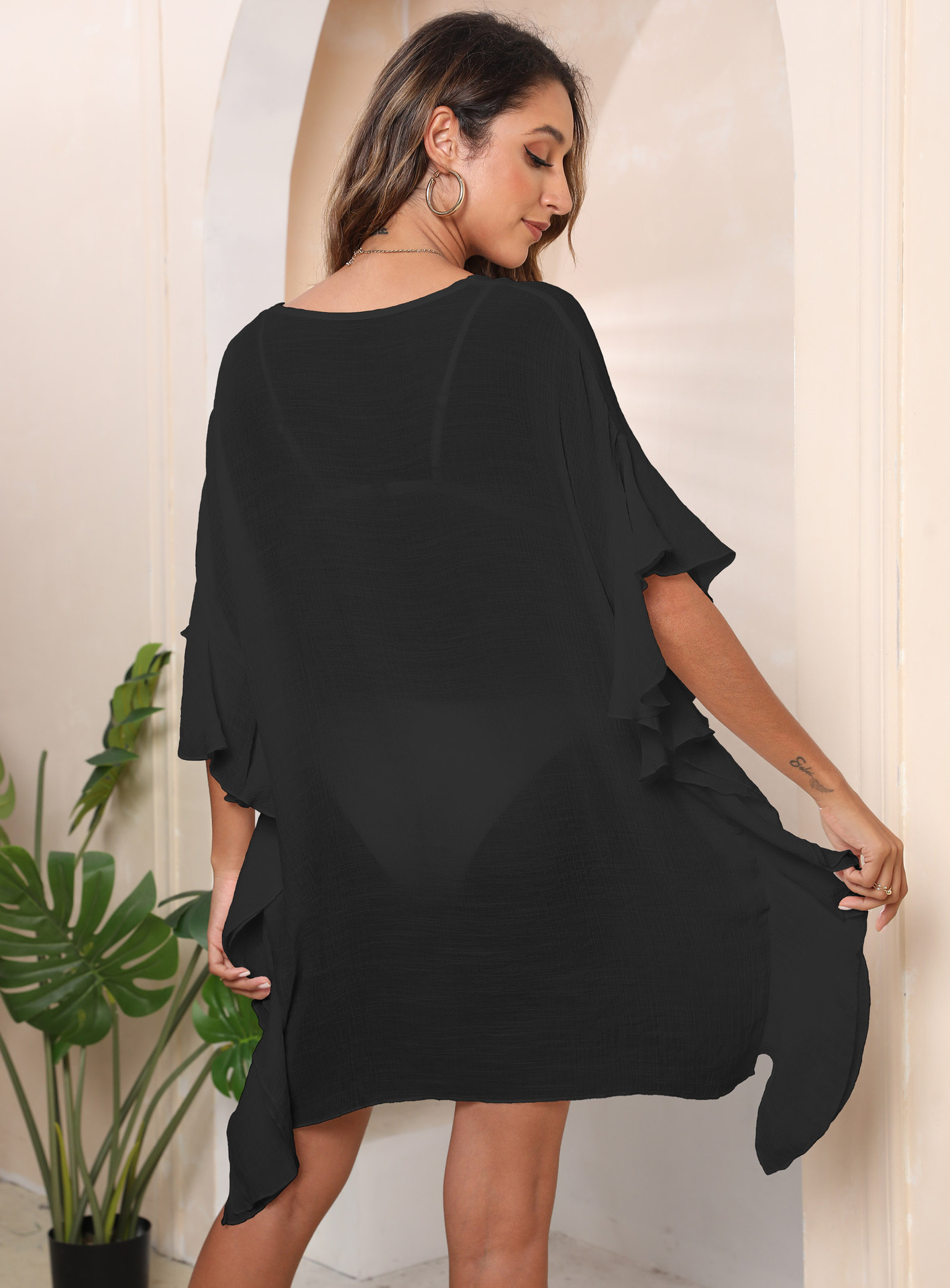 Femme Robe Volants Couleur unie Simple Ample Plage Cover-up_voghion.com