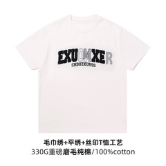 美式重磅刺繡短袖t恤男女款 夏季設計感復古印花寬鬆圓領半袖上衣