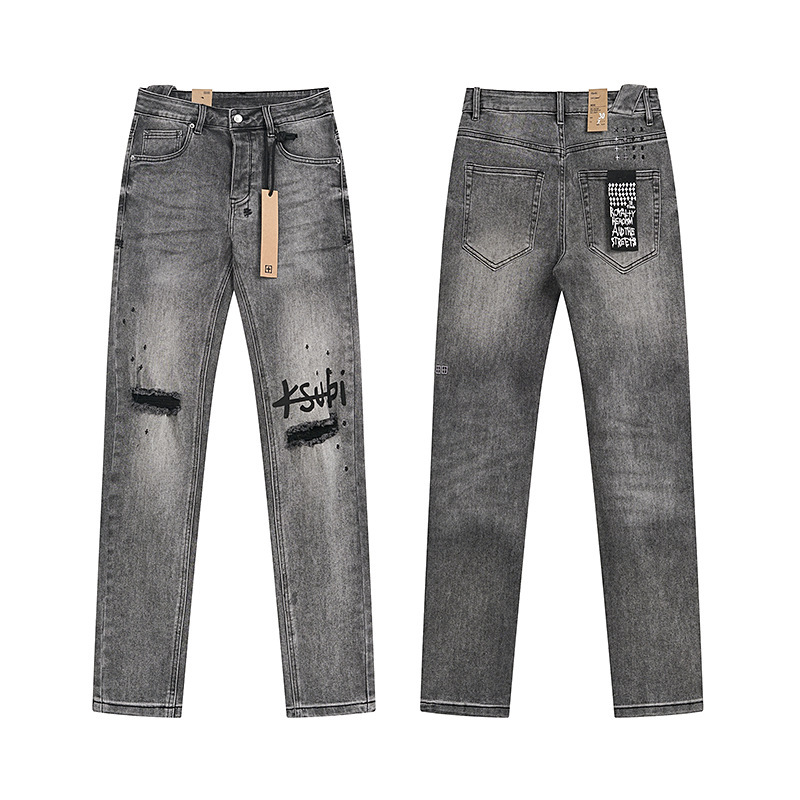 外贸高品质KSUBI &AMIRI Jeans牛仔裤高街破洞补丁弹力直筒长裤男|undefined