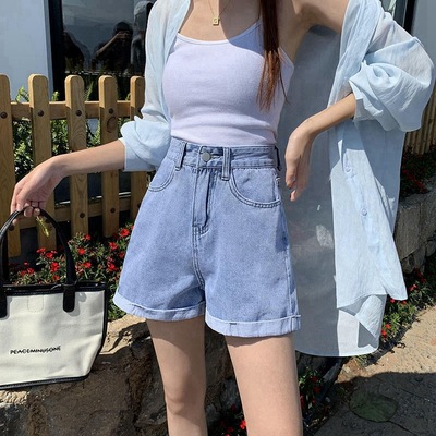 ins夏季牛仔短裤女2021新款高腰显瘦宽松阔腿卷边网红百搭a字热裤|ru
