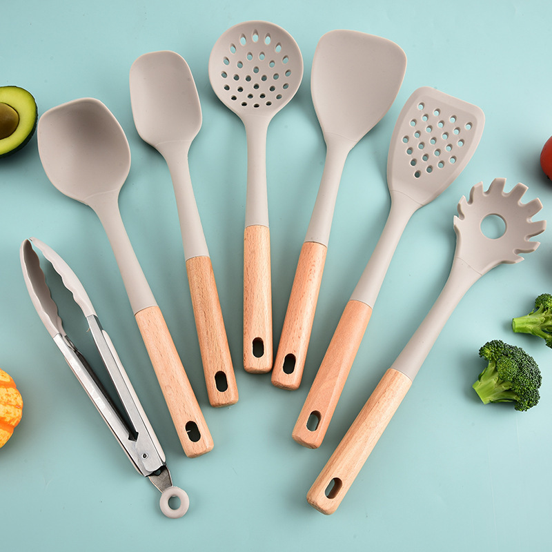 Cuerpos de cocina de silicona de mango de madera 15 piezas de cocina antiadherente cocina de cocina de barril de almacenamiento 15 piezas de cocina de silicona