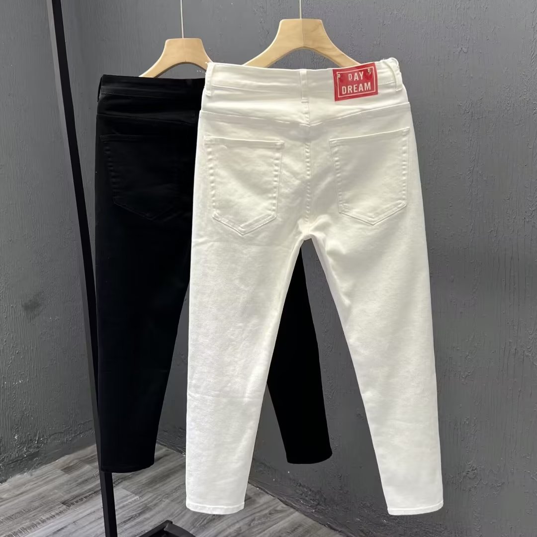 Men's Clothing White nine point jeans casual versatile men's version of slim feet brand slim handsome elastic nine point pants trend_voghion.com