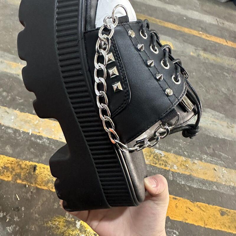 Punk Platform Spicy Girl 2025 American Plus-Size Gothic Spicy Girl Black Chain Square-Toe Thick-Soled Shoes Sandals Slippers