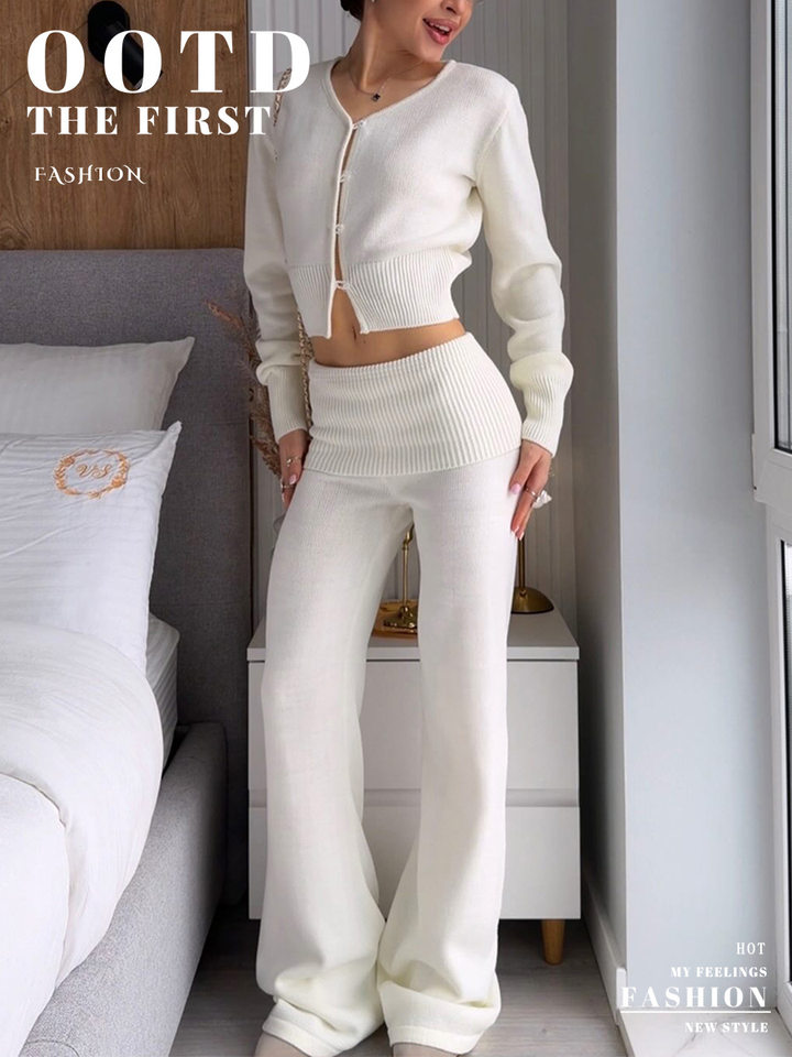 Bộ hai món nữ gồm áo khoác cardigan dệt kim dáng ngắn cổ chữ V và quần ống rộng cạp cao — Màu cà phê, Màu hồng, Màu trắng, Màu xanh dương chi tiết 1