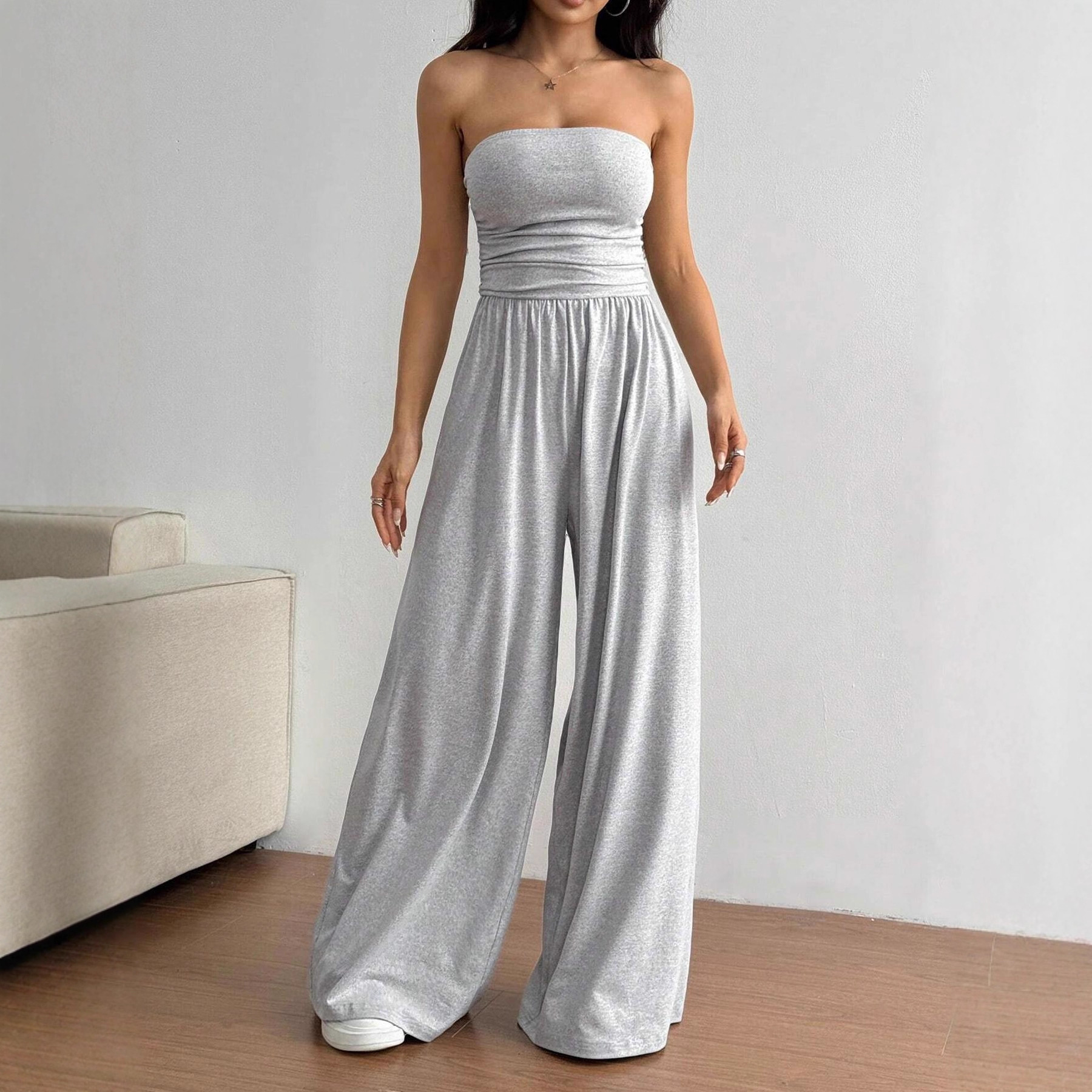 2025 European and American Cross-Border Women's Summer Tube Top Off-Shoulder Solid Color Wide-Leg Pants Casual Jumpsuit