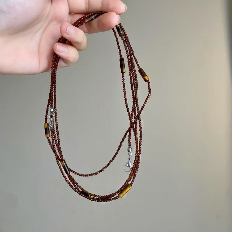 小众时髦复古多层棕色虎眼石串珠项链女毛衣链超长叠戴挂脖锁骨链|undefined