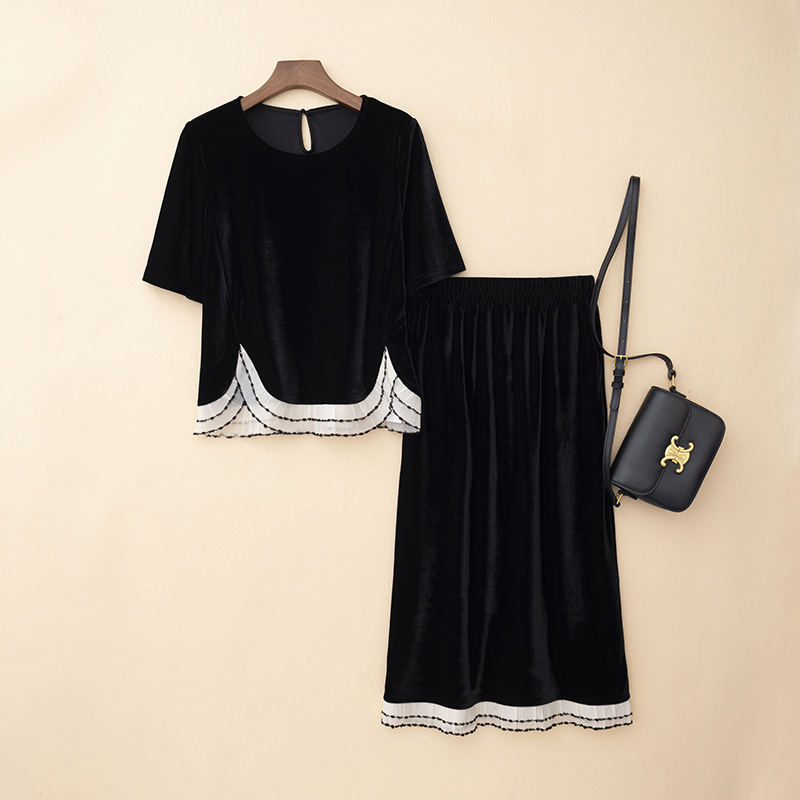 European station French temperament socialite velvet lace top with elastic waist skirt two-piece dress suit
