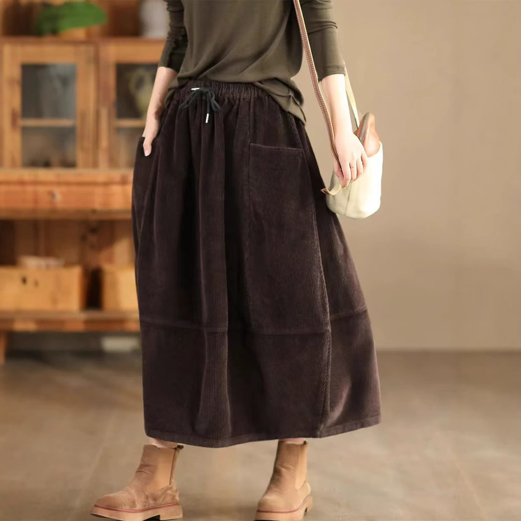 Guka Clothing Autumn and Winter Vintage Corduroy Skirt Women's Three-Dimensional Silhouette Patchwork Mid-Length Puff Skirt