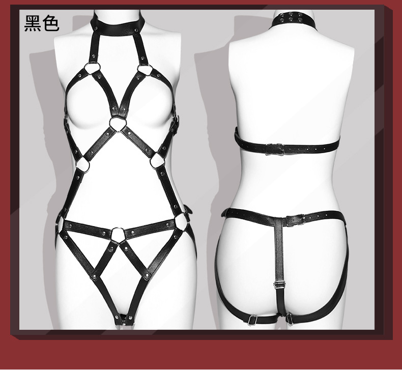 SM-Style PU Leather Bondage Bodysuit with Metal Hardware, Adult Couple Restraint Wear — detail image 9