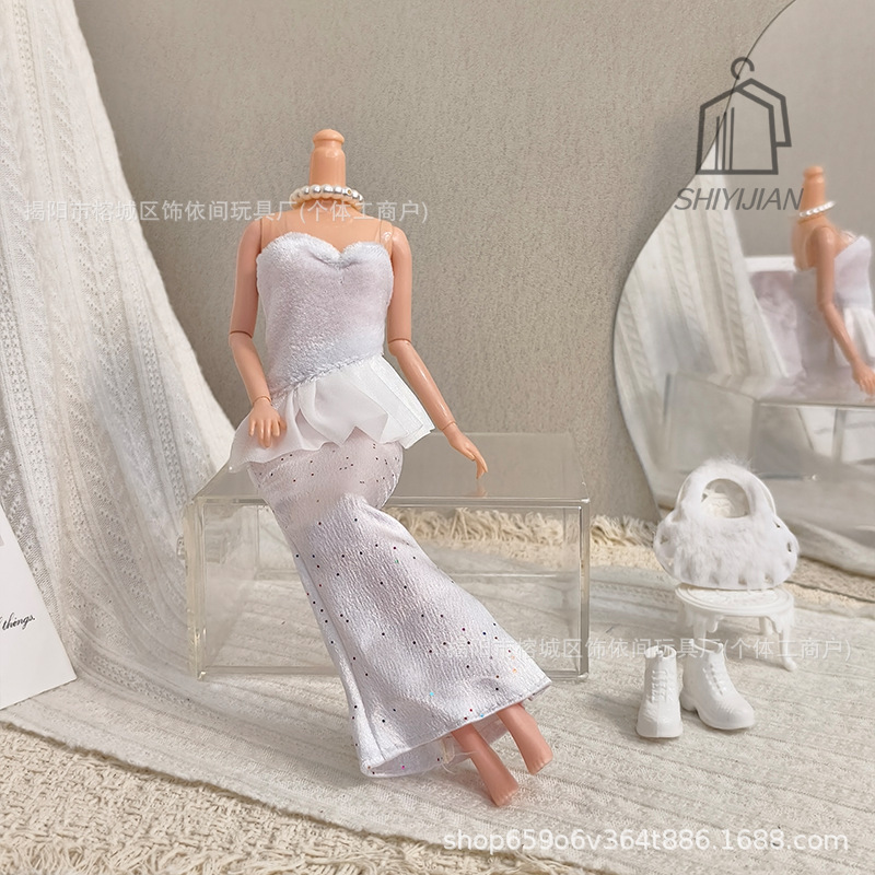 Cross-Border 30cm 11inch Barbie Doll Dress White Dress Elegant Satin Gown Amazon