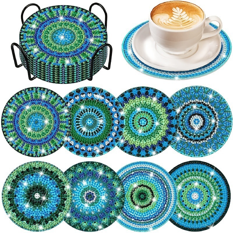 Ventas transfronterizas calientes de 8 piezas de conjunto de cojín de taza de arte de diamante, con soporte, pequeño conjunto de pintura de diamante, adecuado para adultos