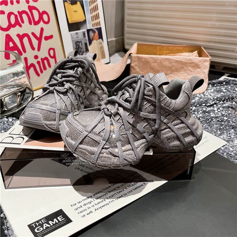 Trendy Dad Sneakers with Spider Web Straps, Rhinestones, and Starry Sky Design, Platform Sneakers for Petite Women