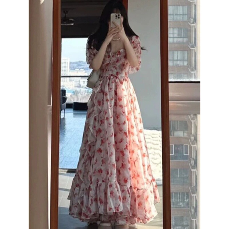 French Sweet Floral Off-Shoulder Square Neck Dress for Women Summer 2025 New Style Gentle Elegant Mid-Length Princess Dress