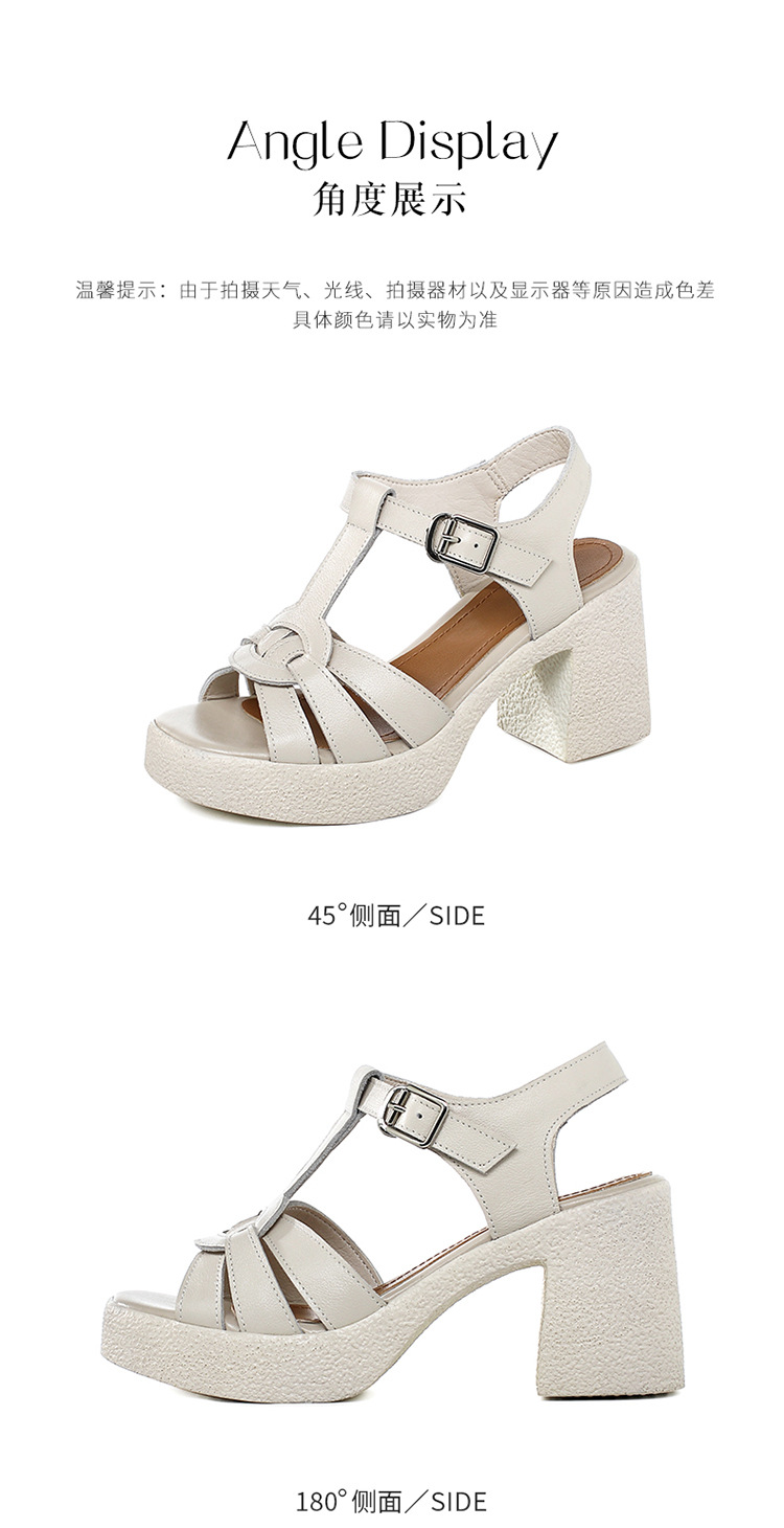 Sandal cao gót nữ quai ngang da thật phong cách La Mã đế dày gót thô — Màu đen chi tiết 34