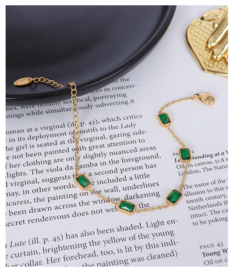 European and American inlaid emerald zircon gold square titanium steel bracelet
