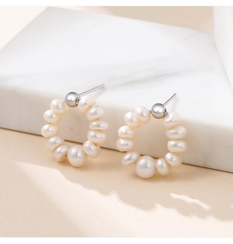 New S925 Sterling Silver Round Baroque Pearl Earrings Fashion display picture 2