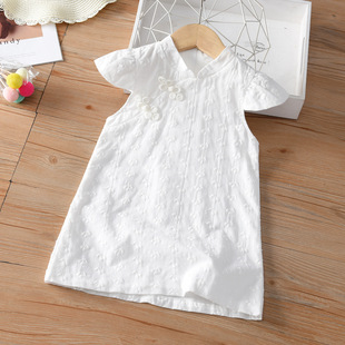 Girls Chinese Style Dress Summer Kidsren's Sleeveless Buttoned Cheongsam 2025 New Embroidered Ancient Costume Han Dynasty White Skirt