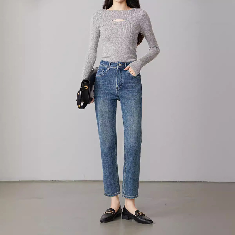 Deep Blue Slim-Fit Straight-Leg Jeans for Women, Cropped Length, High-Waisted, for Petite Figures, Fall 2026