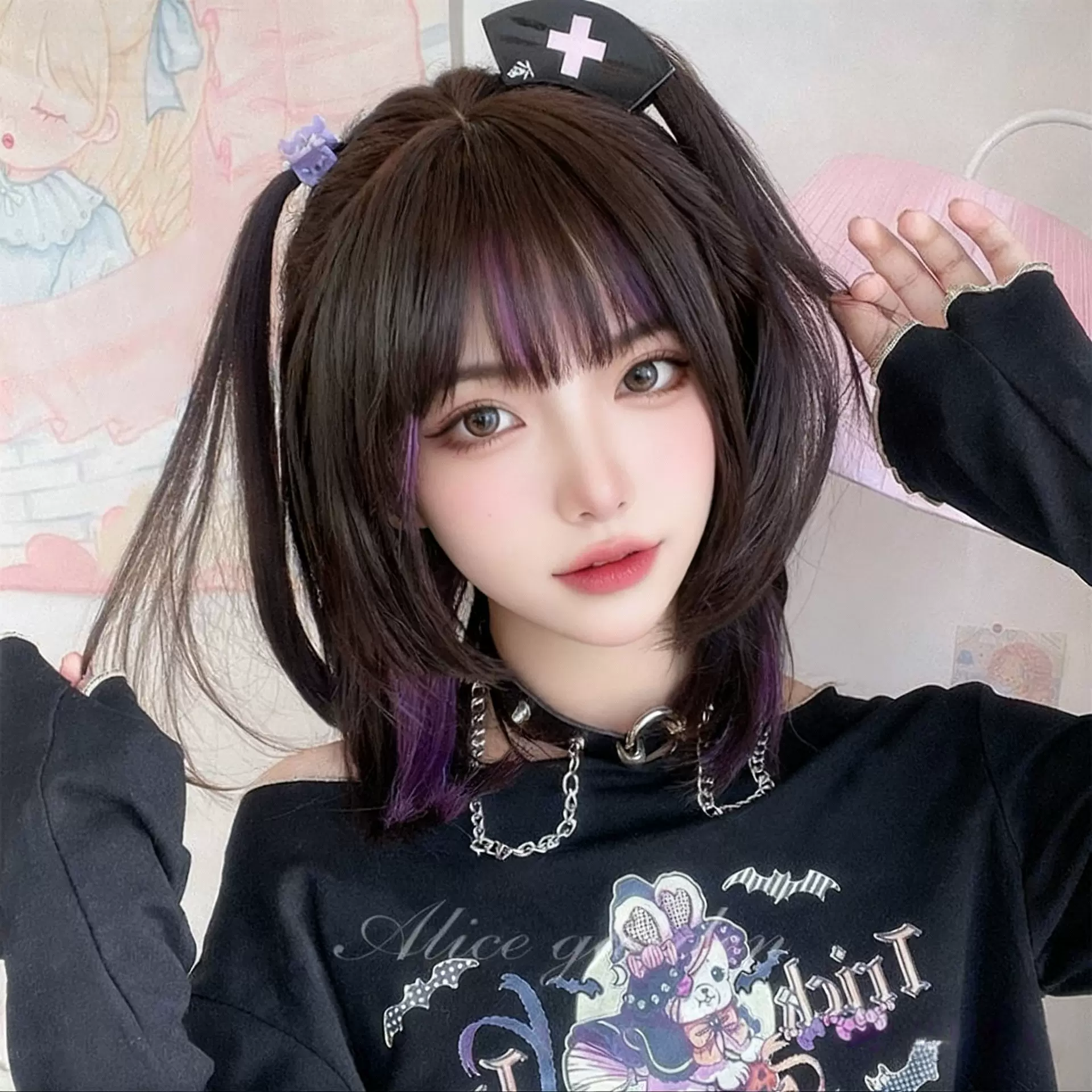 厂家批发  AG假发女直发挑染可爱Lolita姬发自然齐刘海层次全头套