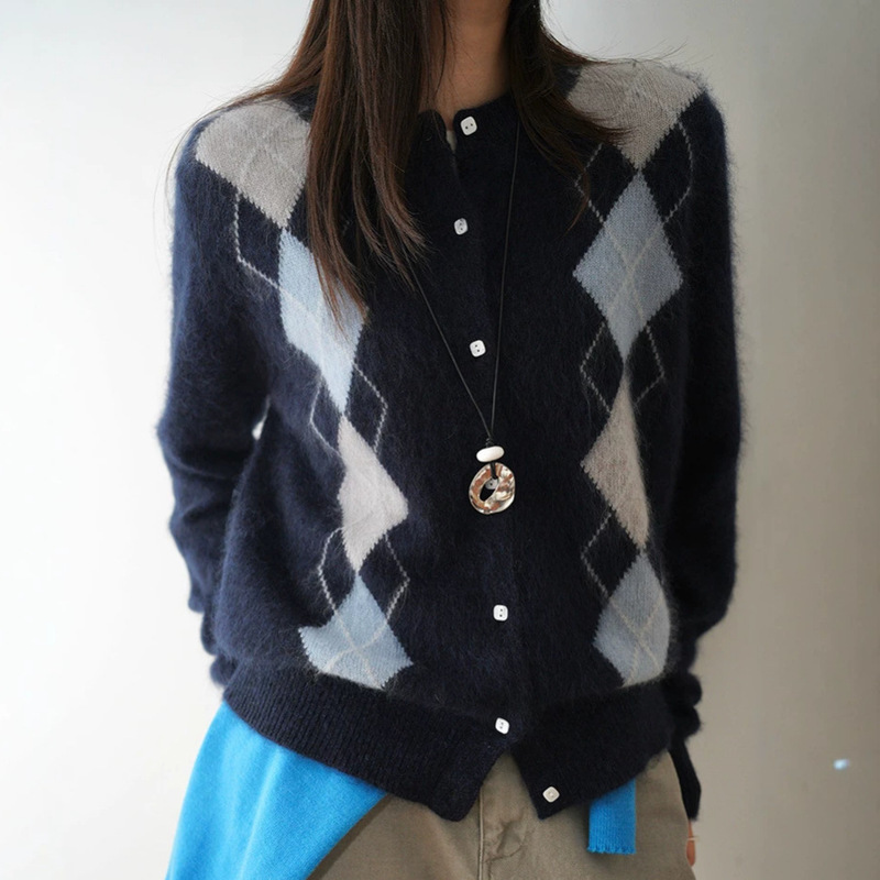 Retro College Style Diamond Pattern Long Sleeve Knit Cardigan for Women, Wool Cashmere Brushed Round Neck Color-Block Coat for Autumn