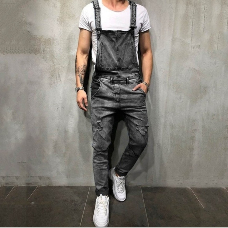Wish Men's Denim Overalls Ripped Jeans Long Pants Trendy Workwear Straight Leg