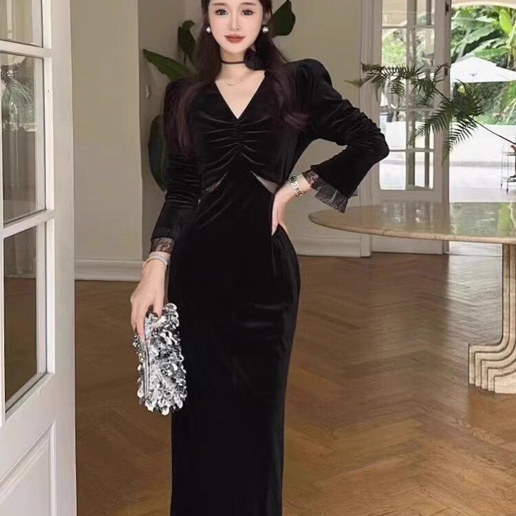 欧美跨境外贸黑色长袖金丝绒连衣裙女v领网纱露腰包臀开叉中长裙|undefined