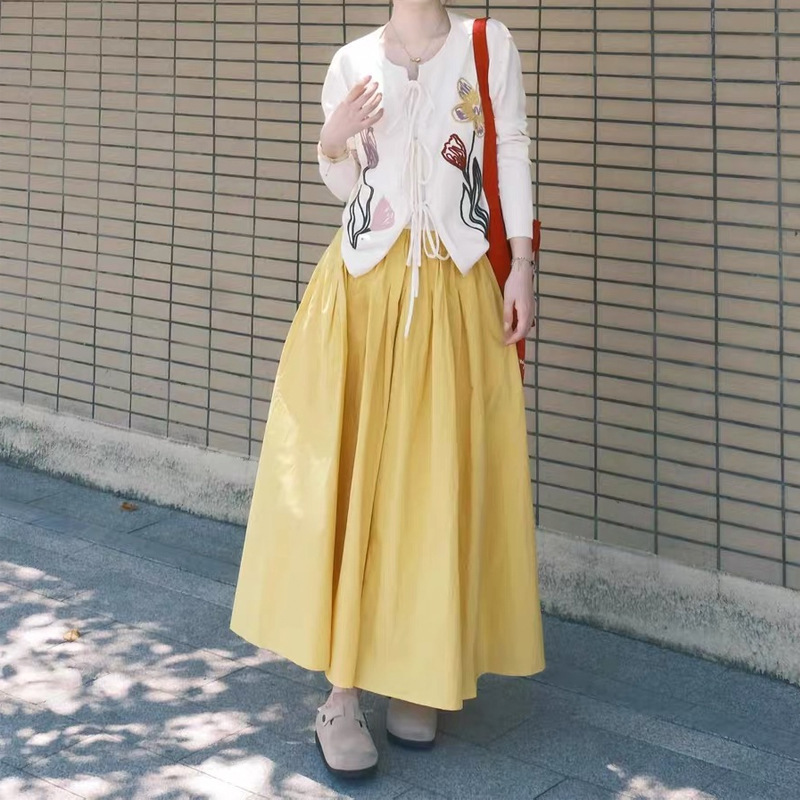 韩系高级感刺绣花朵绑带长袖针织开衫女一整套高腰宽松褶皱半身裙|undefined