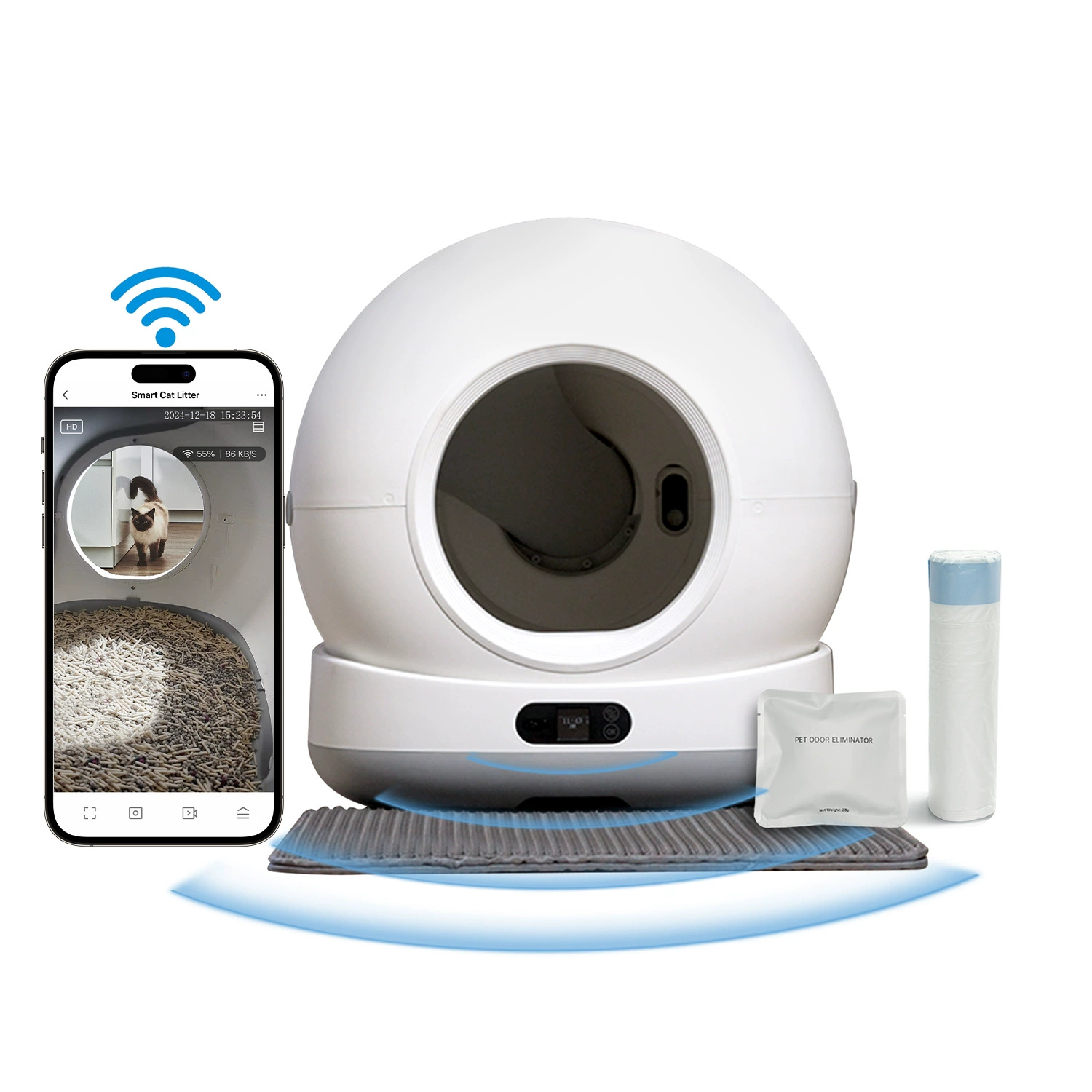 Умный туалет для кошек с Wi-Fi управлением, оснащенный камерой высокого разрешения, функцией автоматического опорожнения, стерилизации и дезодорации.