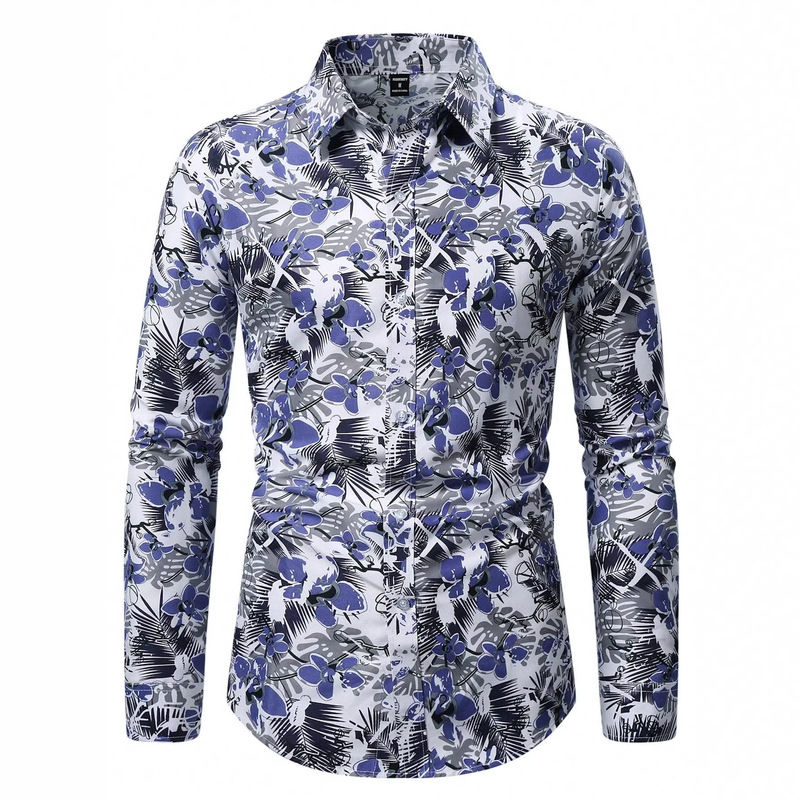 2025 New Foreign Trade Men's Casual Long-Sleeve Shirt European Size Trendy Fashion Slim Floral Shirt Men's Top
