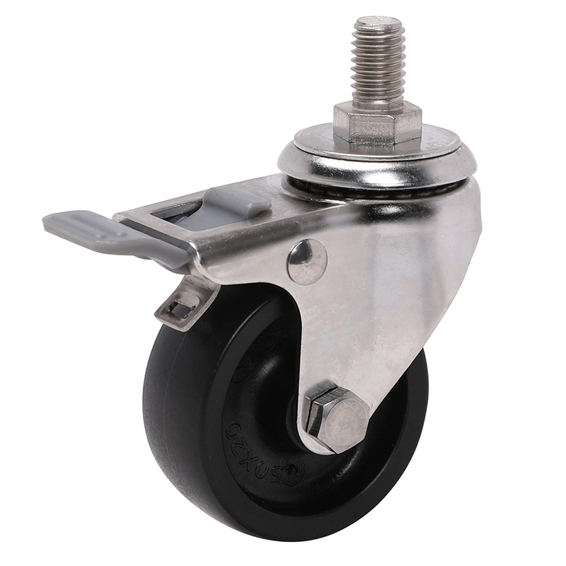 Rueda Universal Pequeña con Freno S26-03 de 1.5 y 2 Pulgadas de Acero Inoxidable y Poliolefina PO