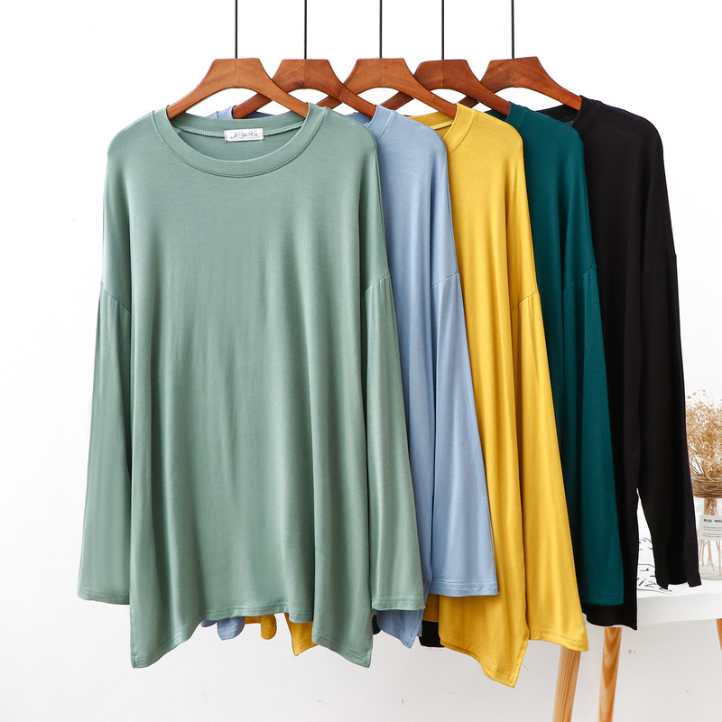 Spring and Autumn New Korean Style Round Neck T-Shirt with Side Slits, Loose Fit, Plus Size, Solid Color Top for Women, Cotton Long-Sleeve Base Shirt Spring and Autumn New Korean Style Round Neck T-Shirt with Side Slits, Loose Fit, Plus Size, Solid Color Top for Women, Cotton Long-Sleeve Base Shirt