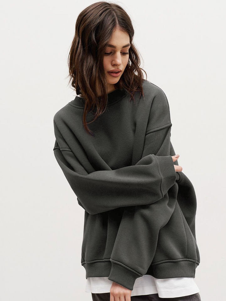 Áo sweatshirt nữ cổ tròn dáng rộng oversize tay dài chất liệu nỉ lông — Hoa màu xám, Màu cà phê, Màu trắng, Xanh navy chi tiết 27