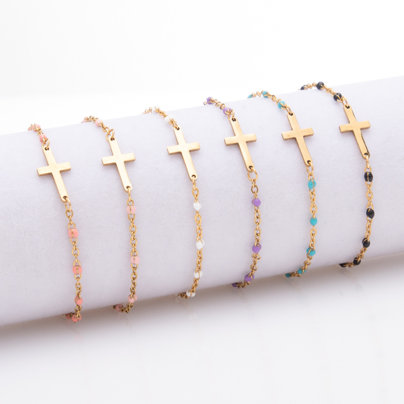 05 Cross Enamel Cross Titanium Steel Bracelet Female 18K Gold Electroplated Religious Style Stainless Steel Dopamine Anklet
