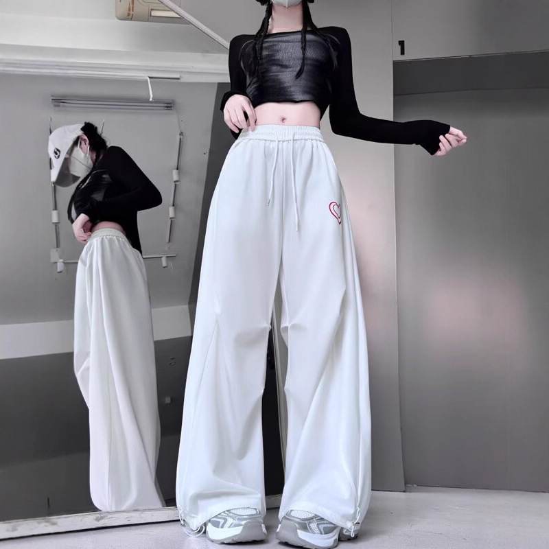 Hip-Hop Street Dance Design Heart Letter Casual Pants for Women 2025 Summer New Quick-Drying Straight Wide-Leg Long Pants