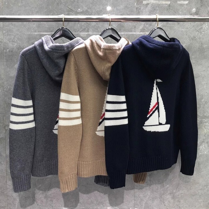 Back Sailboat Cardigan Maillard Color Zipper Hoodie Four Bar Knitwear Unisex Coat Hooded Cardigan