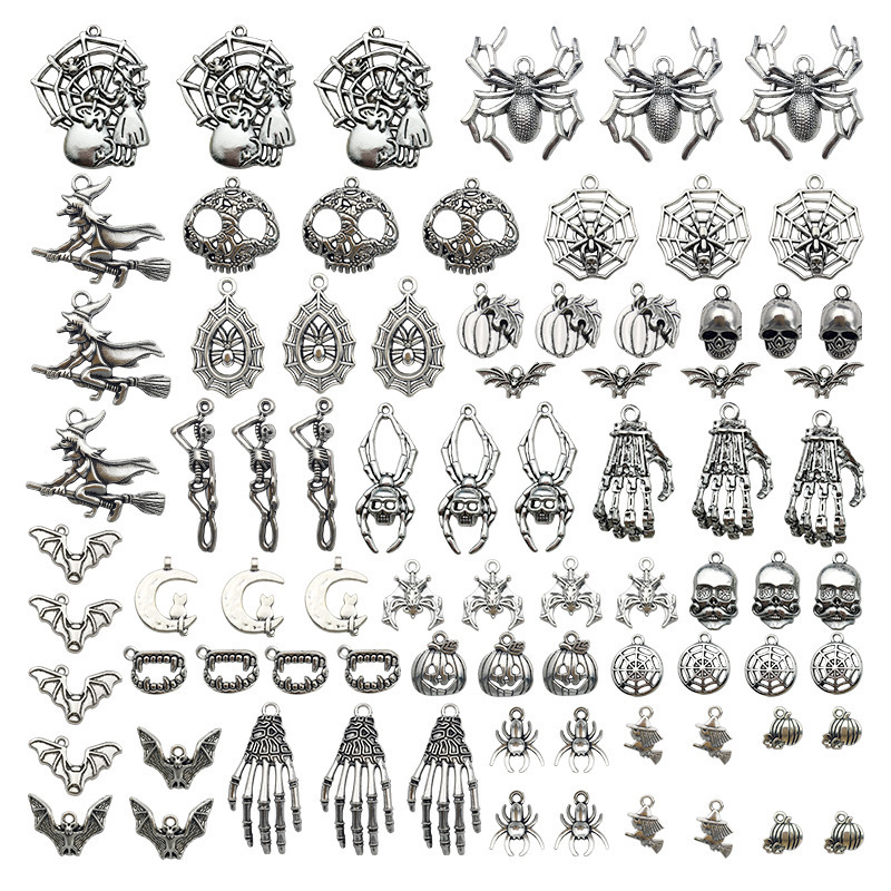 Mixed Set of 80 Halloween Accessories: Pumpkin, Skull, Bat, Witch Pendants, DIY Ornament Accessories, Earring Materials