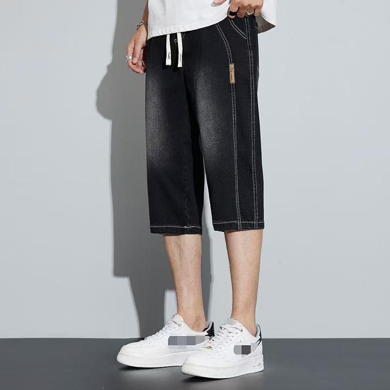 Seven-point Denim Shorts Men's Loose Straight Drawstring Over-the-knee breeches Foreign Trade Summer Thin Seven-point Casual Pants
