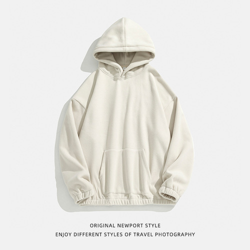 Thickened Plush Fleece Hooded Sweatshirt for Men - Spring Edition - Heavyweight Texture - Solid Color - Basic Model - Trendy Brand Hooded Sweatshirt and Outerwear