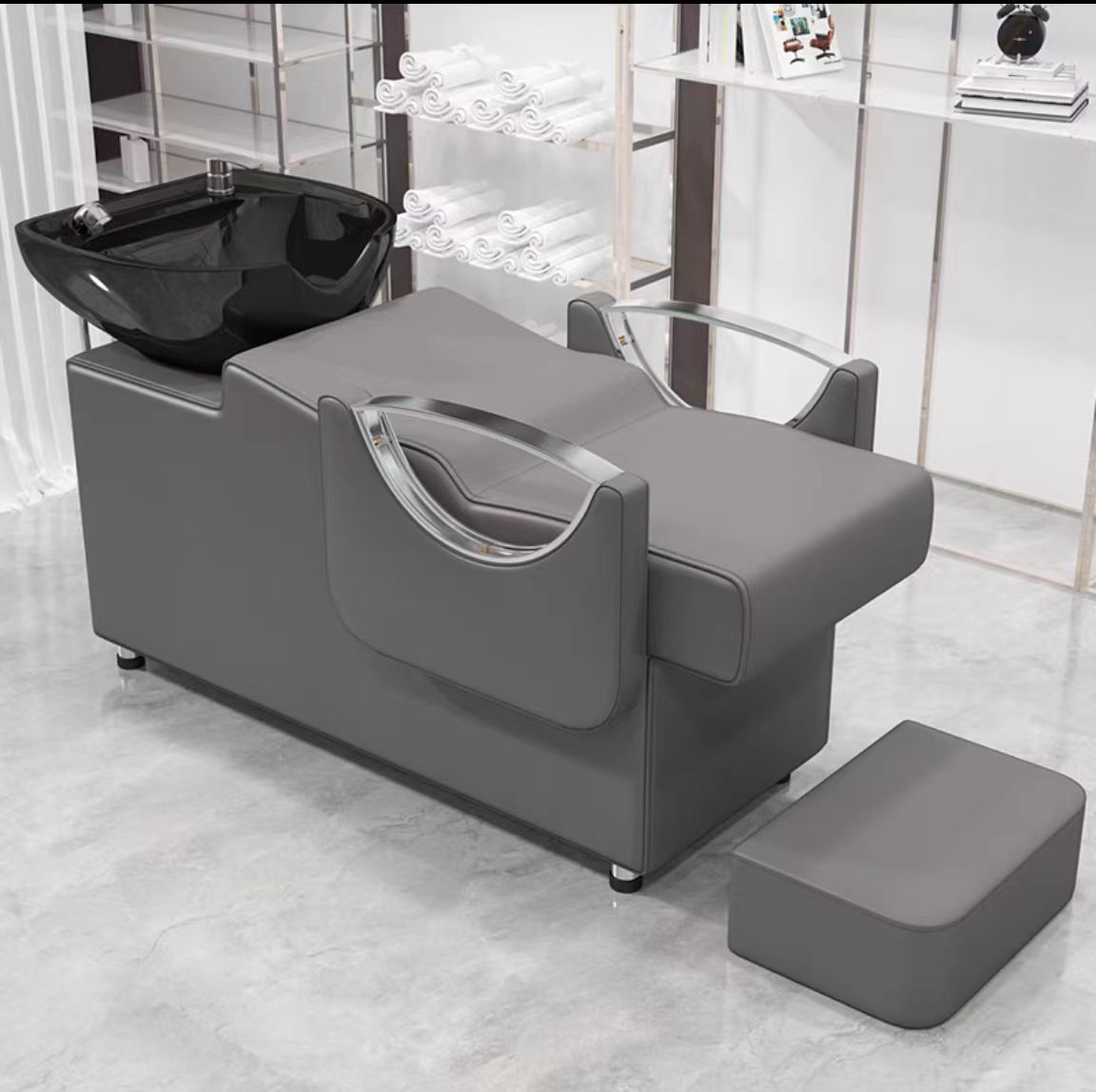 Cama de lavado de cabello para peluquería con reposapiés, lavabo de cerámica, cama de lavado de cabello semireclinable para peluquerías, cama de masaje y peluquería.