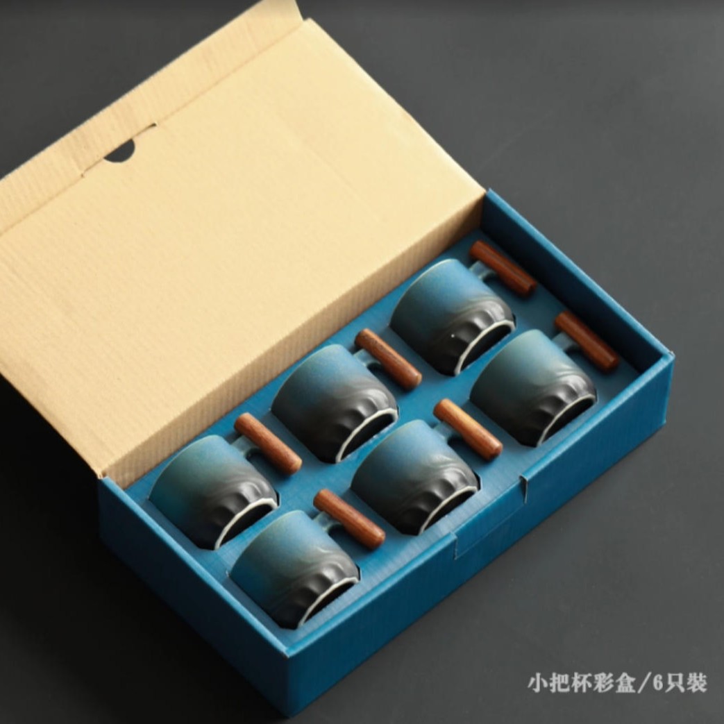 Mango de madera taza de café té taza de té gradiente esmalte exquisita cerámica pequeña taza de regalo caja de regalo traje al por mayor