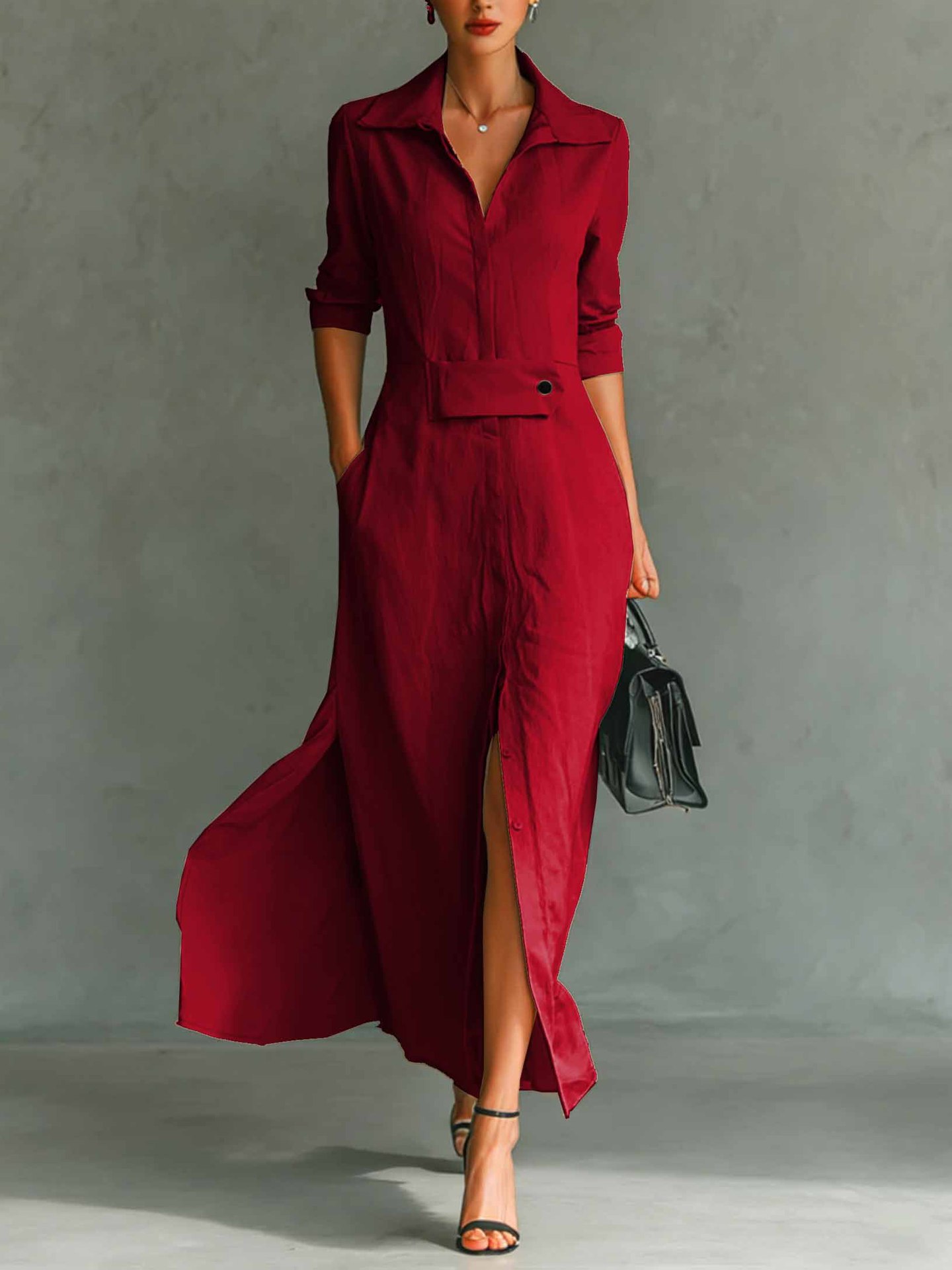 2026 European And American Cross-border Independent Station Long-sleeved Casual Elegant Slit Shirt Dress_ecoleips.com