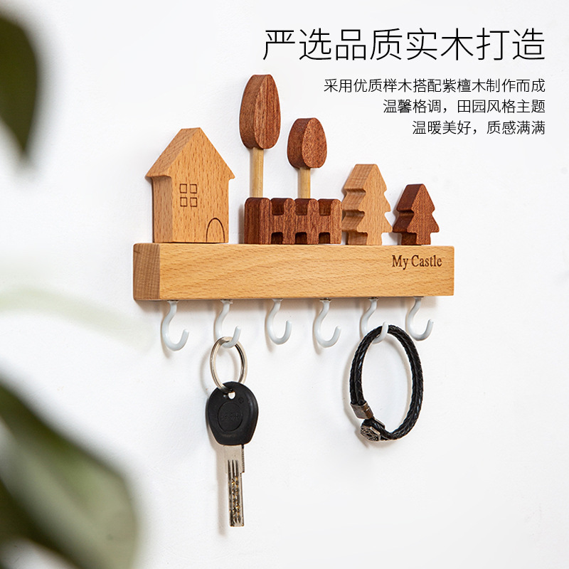 Gancho de llave de pared de madera maciza nórdica Creativo nuevo porche montado en la pared estante de almacenamiento de llave sin perforación en la puerta