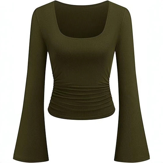 European and American style sexy solid color square neck bell sleeve T-shirt for women, 2026 autumn collection, slim fit, pleated, slimming long sleeve top