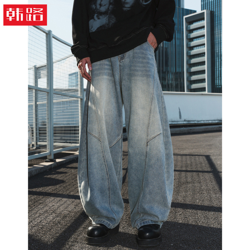 Distressed Washed Denim Jeans for Men, Autumn New Vintage Style, Loose Fit, Trendy Brand Long Pants Distressed Washed Denim Jeans for Men, Autumn New Vintage Style, Loose Fit, Trendy Brand Long Pants