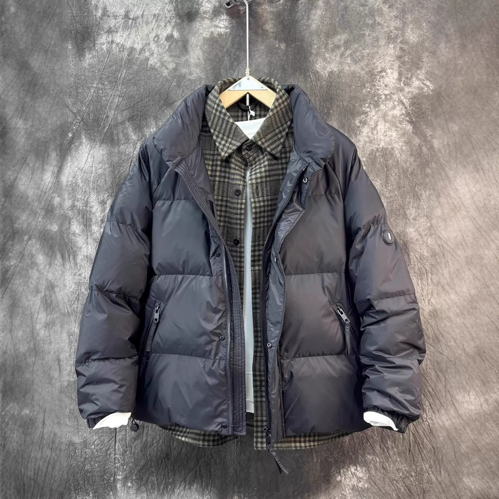 2025冬季假两件羽绒服男士潮牌拼接格子衬衣领韩版立领保暖外套男