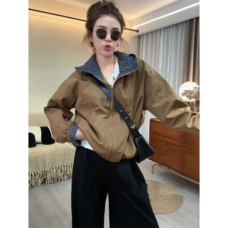 格子拼接连帽冲锋衣短外套女2025秋季韩系设计感休闲百搭夹克上衣|undefined