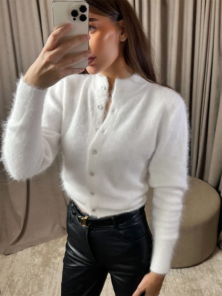 Áo khoác cardigan len nữ dáng ôm cổ tròn tay dài một hàng cúc chất liệu lông mềm mại — Màu hồng, Màu trắng, Màu xám nhạt, Xanh đậm