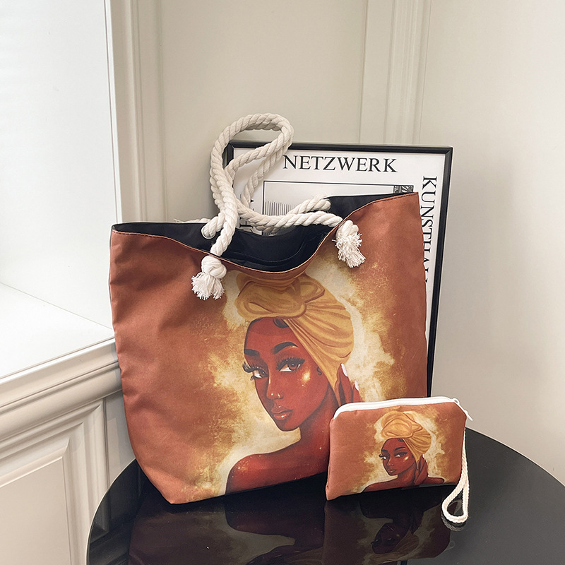 Cross-Border Black Beauty Bag Cartoon Big-Faced Girl Nylon Cloth Bag Portable Beach Bag Large Capacity Mother-In-Law Shoulder Bag for Women