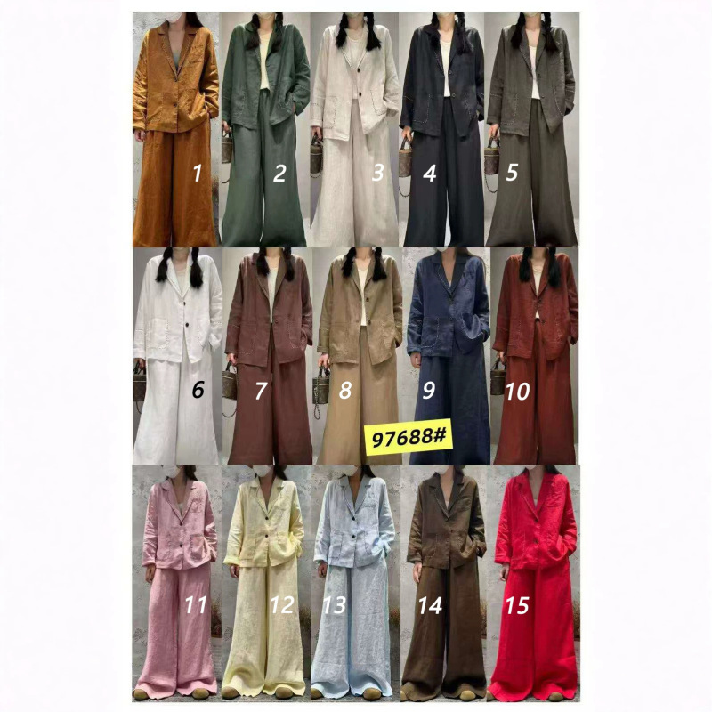 Korean Style Fashionable Linen Suit Collar Jacket + Straight Pants 2026 New Solid Color Loose-Fitting Elegant Outerwear Set for Women